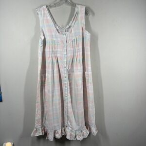 Heather Lane Pastel Plaid Nightgown Sleeveless Lace Trim Button Front Sz L Dress